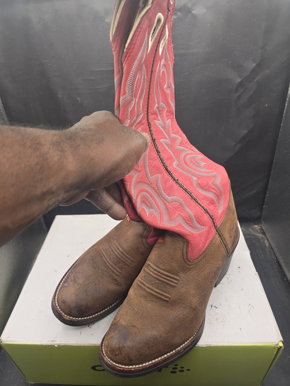 Tony Lama Brown Foot with Red Embroidered Shaft Cowboy Boots